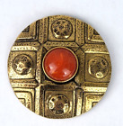 Embossed Metal Round Medallion Brooch with Red Orange Sparkle Lucite Cabochon
