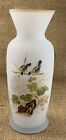 New ListingVintage Frosted White Satin Finish Glass Bud Vase Birds Flowers Gold Trim 6”