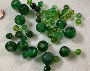 Lots Of Beads, 50 Green Glass, Large Holes, VariousSizes, 8mm-15mm