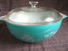 Vintage 443 PYREX BOWL & LID Needlepoint Turquoise 1958 Embroidery 2 1/2 Qt