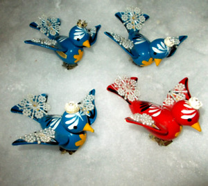 4~VTG WOOD BLUEBIRDS & REDBIRD PEARL EMBELLISHED CLIP-ON CHRISTMAS ORNAMENTS