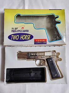 Vintage Two Horse Lighter 45 Caliber Gun Pistol Design With Box. NEAR MINT. RARE