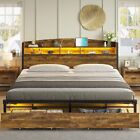 King Size Metal Platform Bed Frame with LED Light and Bookcase Headboard