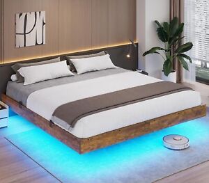 Floating Bed Frame King Size with RGB LED Lights Platform Bed with Storage Space