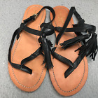 KATE SPADE Sandals Womens Sz 9 Black Leather Flats Thong Style Black Tassel
