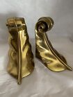 Vintage Philadelphia MFG PM Hand Cast Marked Feather Scroll Brass Bookends Nice!
