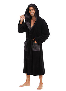 Mens Robes-Mens Fleece Hooded Robes Mens Bathrobe With Hood Mens Soft Warm Fleec