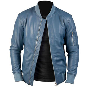 Men's Genuine Leather Blue Lambskin Bomber Biker Jacket Handmade Casual Coat Men