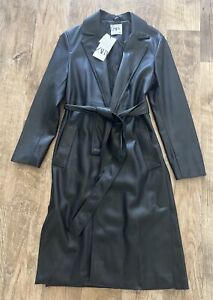 🆕 Zara Black Faux Leather Trench Coat BNWT Size S