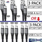 3-PACK USB C to C or A to C CABLE FAST CHARGE CORD 3/6/10FT for iPhone 15 Galaxy