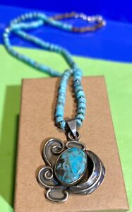 Navajo Sterling Silver Feathered Squash Blossom 925 Pendant Turquoise Necklace