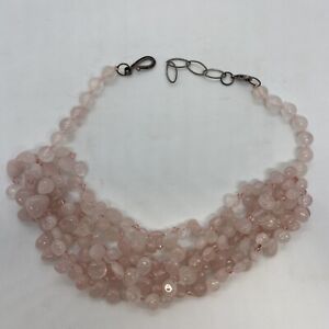 Vintage Polished Round Pink Rose Quartz Beads Cluster Necklace 19” Adjustable