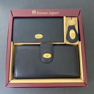 NIB Etienne Aigner Women's Black Leather Wallet / Checkbook & Key Chain Set