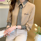 Elegant Korean Women Colorblock Tie Embroidered Chiffon Career Blouse Shirts Top