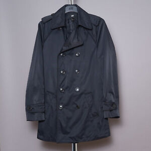 H&M Mens Black Coat SMALL Rain Mac Overcoat Jacket S UK 36 EU 46 Double Breasted