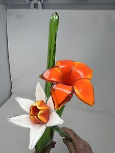 Hand Blown Art Glass Flower Lot, 3 Long Stem Flowers Murano Style 20” Long