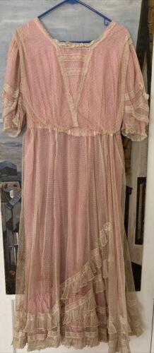 Antique 1900s Swiss Dot Lace Edwardian Silk Lined Dress Pink Large