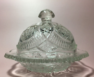 Vintage Clear Pressed Glass Domed Covered Butter Dish Hobstar & Sawtooth Edge