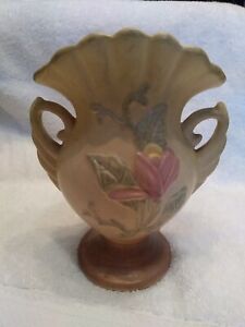 Vintage Hull Art Pottery Vase Magnolia Fan Double Swan Handle 12-64 Mid Century