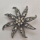 Signed Gerry's Vintage Rhinestone Flower Brooch Pin Silver Tone Leaf Accents