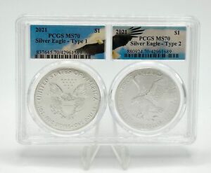2021 PCGS MS70 Type-1 and Type-2 American Silver Eagle Double Slab - Eagle Label