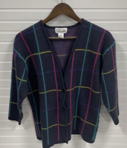 Vintage Pappagallo Wool Windowpane Cardigan Multicolor Stripe L