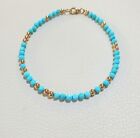 14k Solid Gold 3mm Blue Sleeping Beauty Faceted Round Turquoise Bead Bracelet
