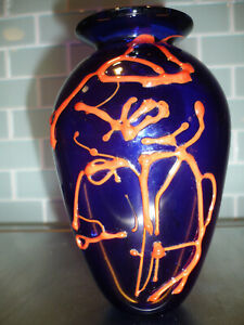 Red Abstract over Cobalt Blue Art Vase Signed Tom Anderson - Glass Eye Studio
