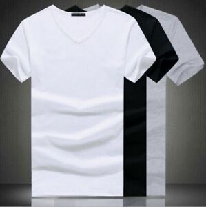 Men's V Neck Round Neck cotton T-shirt Slim Fit Short Sleeve Solid Color Casual