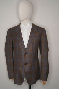 New ZILLI $4900 Brown Blue Check Leather Detail Cashmere Silk Jacket Blazer 56