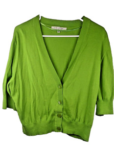 Evan Picone Cropped V-Neck Button Cardigan Size 16 Green 3/4 Length Sleeve Women