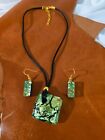 Murano Glass Pendant on Chord Necklace and Earrings Combo Signed, Made in Italy