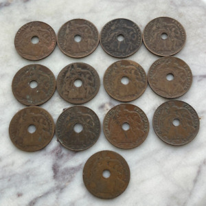 Lot of Thirteen (13) French Indochine Indo China 1 One Cent Coins