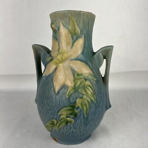 VTG Roseville Pottery Clematis Blue Green Ceramic 2 Handle Vase 106-7 Flowers