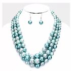 Blue Chunky Statement Pearl Multi Layered Strand Bead Necklace Set Earrings