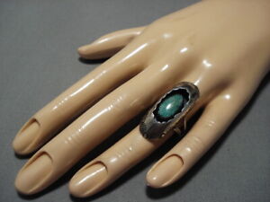 QUALITY VINTAGE NAVAJO GREEN TURQUOISE STERLING SILVER RING OLD