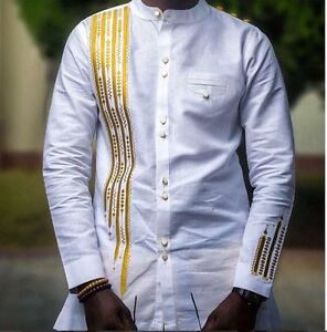 White and Gold Men's Long Sleeve Shirt with Embroidered Strips African Clothing