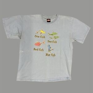 2000s Y2K Vintage Dr Seuss One Fish Two Fish Graphic Tee Shirt Blue Size XL