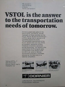 5/1972 PUB DORNIER V/STOL DO 31 DO 27 DO 28 SKYSERVANT DO 231 V-JET ORIGINAL AD