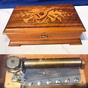 Key Wind SWISS REUGE cylinder music box ,Airs Song,Walnut & Glass Case