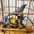 Antique Chinese Square Bamboo Bird Cage Porcelain Feeder Cups w 2 faux Birds