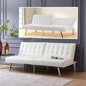 Maykoosh Futon White Tufted Split Back Sofa Bed Leather Couch 3-Seat Convertible