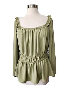 Nine West Womens Off Shoulder Green Peasant Top Large Empire Waist Long Sleeve