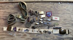 Vintage Junk Drawer Lot Antique Tool Tape Measure Military Belts Medals Pins