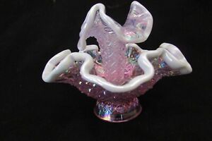Fenton Mini Epergne Iridized Diamond Lace Pink Snow Crest Single Horn VTG