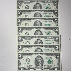 🇺🇸 7  LUCKY NEW  Uncirculated Two Dollar Bills Crisp $2 Sequential  2017A 🇺🇸