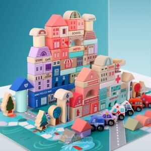 115 PCS City Building Blocks for Toddlers DIY Construction Wooden Toys+Play Mat