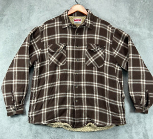 Mens Large Jackets Sherpa Lined Shacket Wrangler Flannel Brown Plaid Western