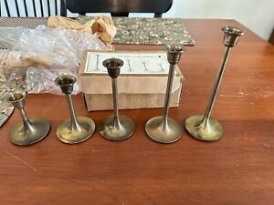 Vintage Brass Candle Holders Graduated Tapered Set of 5 Candlesticks 7”-3” Box