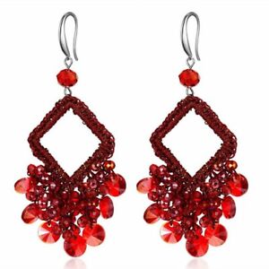 925 Silver Fashion Red Tassel Stud Earrings Dangle Drop Jewelry Women Wedding